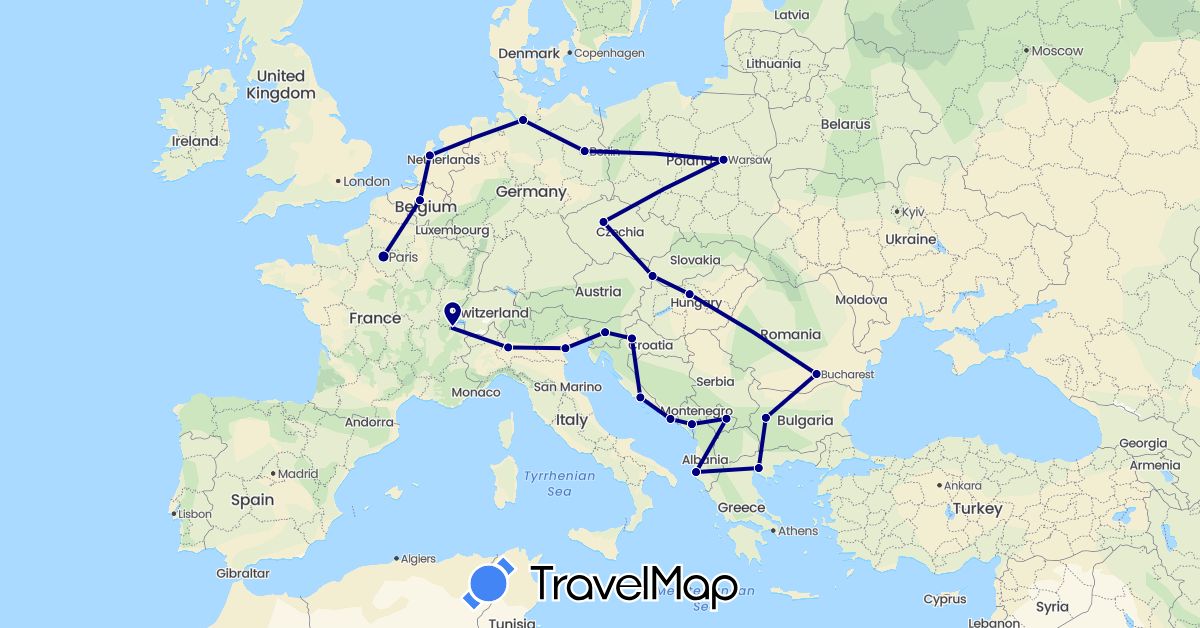 TravelMap itinerary: driving in Albania, Belgium, Bulgaria, Switzerland, Czech Republic, Germany, France, Greece, Croatia, Hungary, Italy, Montenegro, Netherlands, Poland, Romania, Slovenia, Slovakia, Kosovo (Europe)